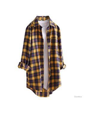 Women's Cotton Plaid Button Down Tunic Top Long Sleeve High Low Shirt